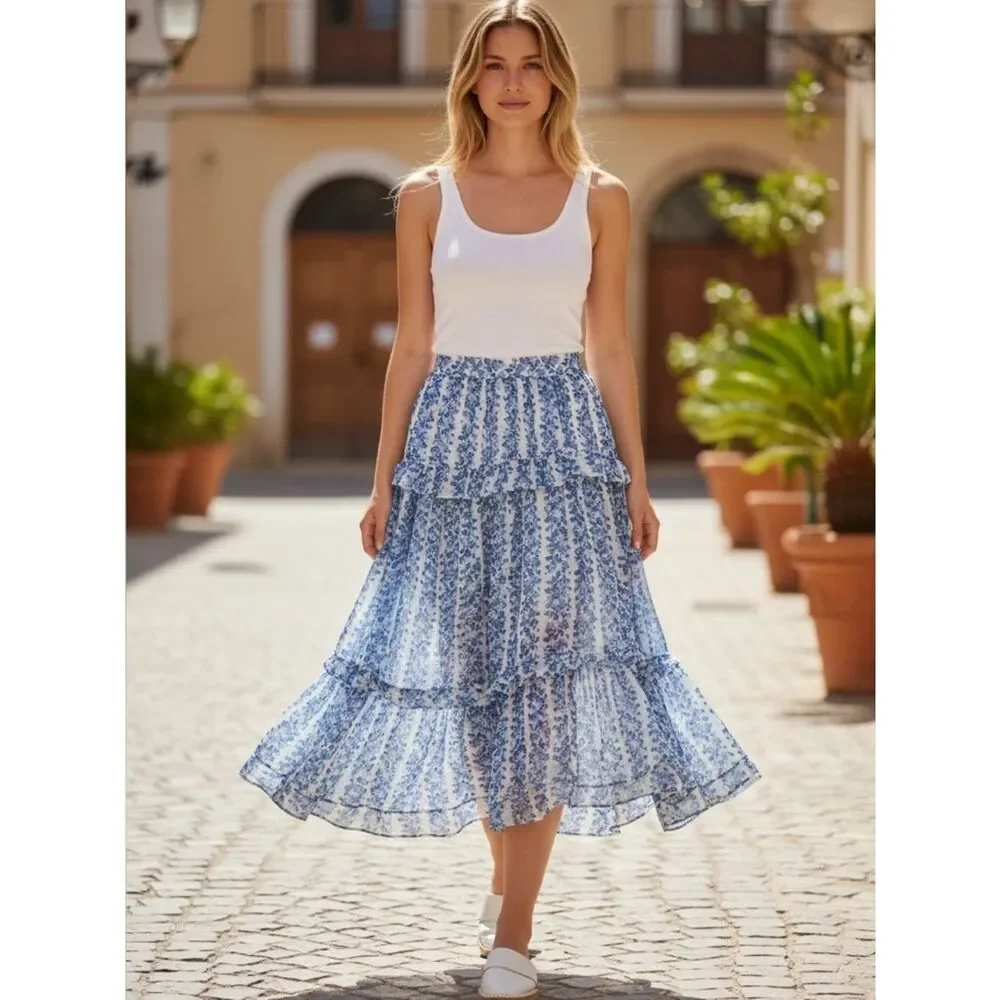 $275 Misa Asymmetrical tired maxi skirt in blue floral print NWT XS